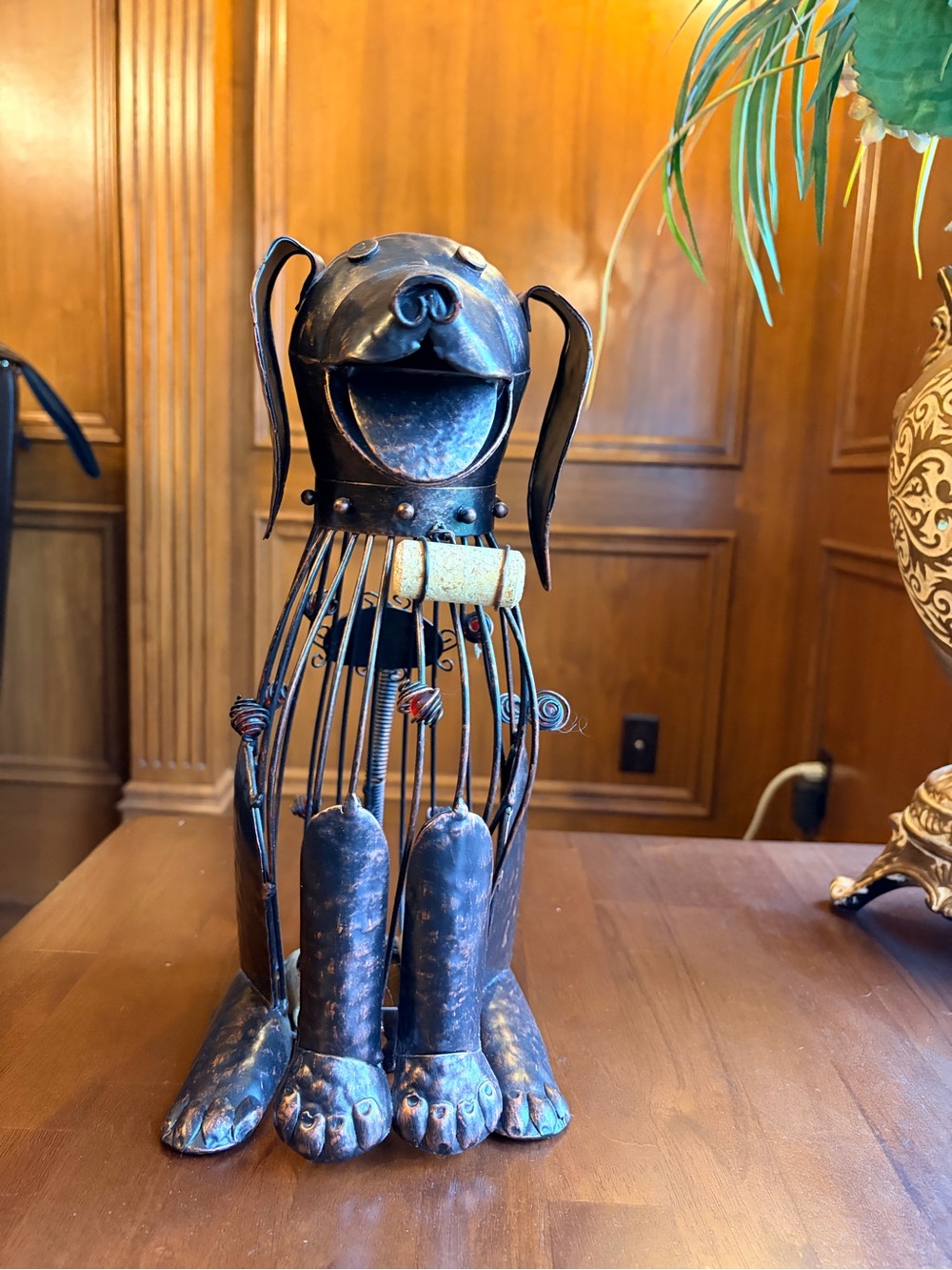 Whimsical Metal Dog Sculpture in Distressed Bronze Tone wine cork holder.